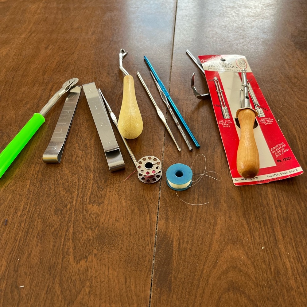 Vintage crochet hooks , punch needle, hem clips etc